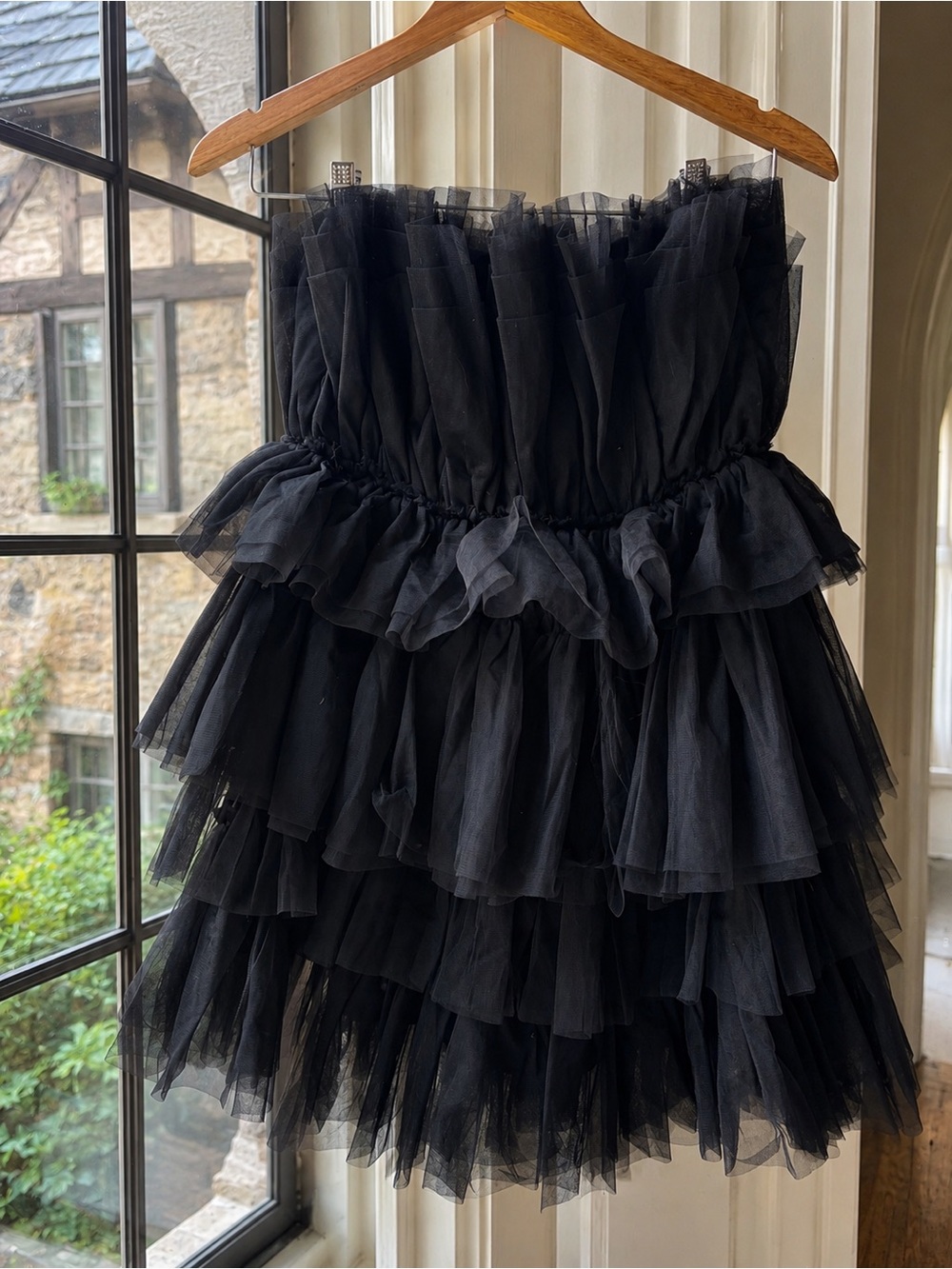 Altar’d State Daria Black Strapless Tiered Tulle Babydoll Mini Dress